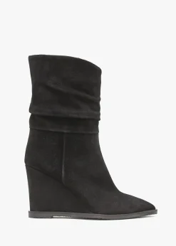 Tully Black Suede Rouched Wedge Calf Boots