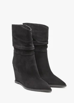 Tully Black Suede Rouched Wedge Calf Boots