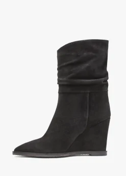 Tully Black Suede Rouched Wedge Calf Boots