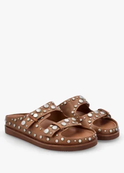 Ultra Tan Leather Studded Two Bar Mules