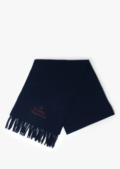 Unisex Embroidered Navy Blue Wool Scarf