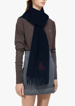Unisex Embroidered Navy Blue Wool Scarf