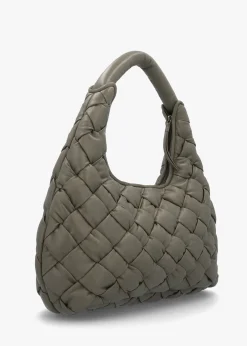 Veave Khaki Leather Woven Shoulder Bag