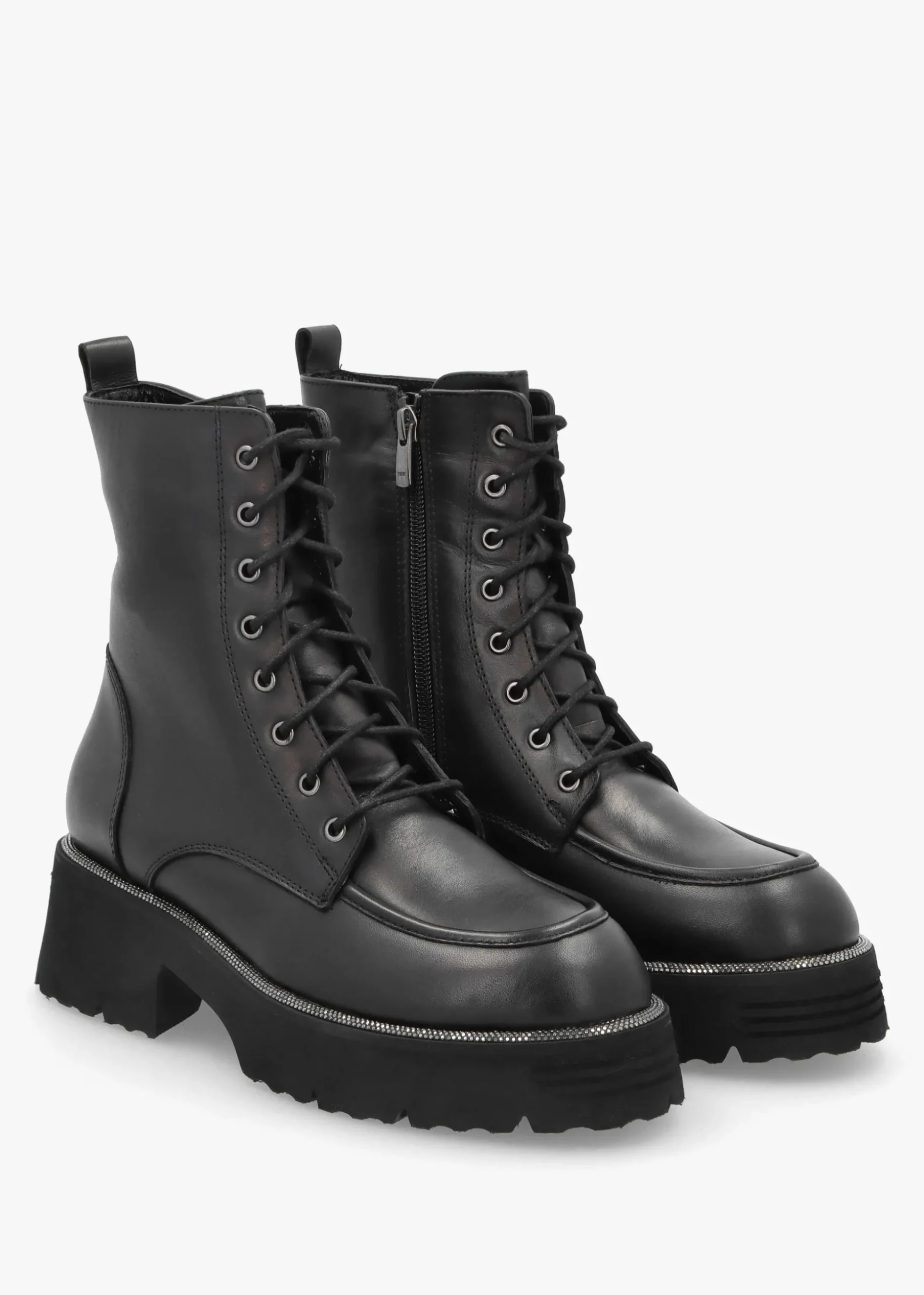 Virtus Black Leather Glitter Trim Ankle Boots