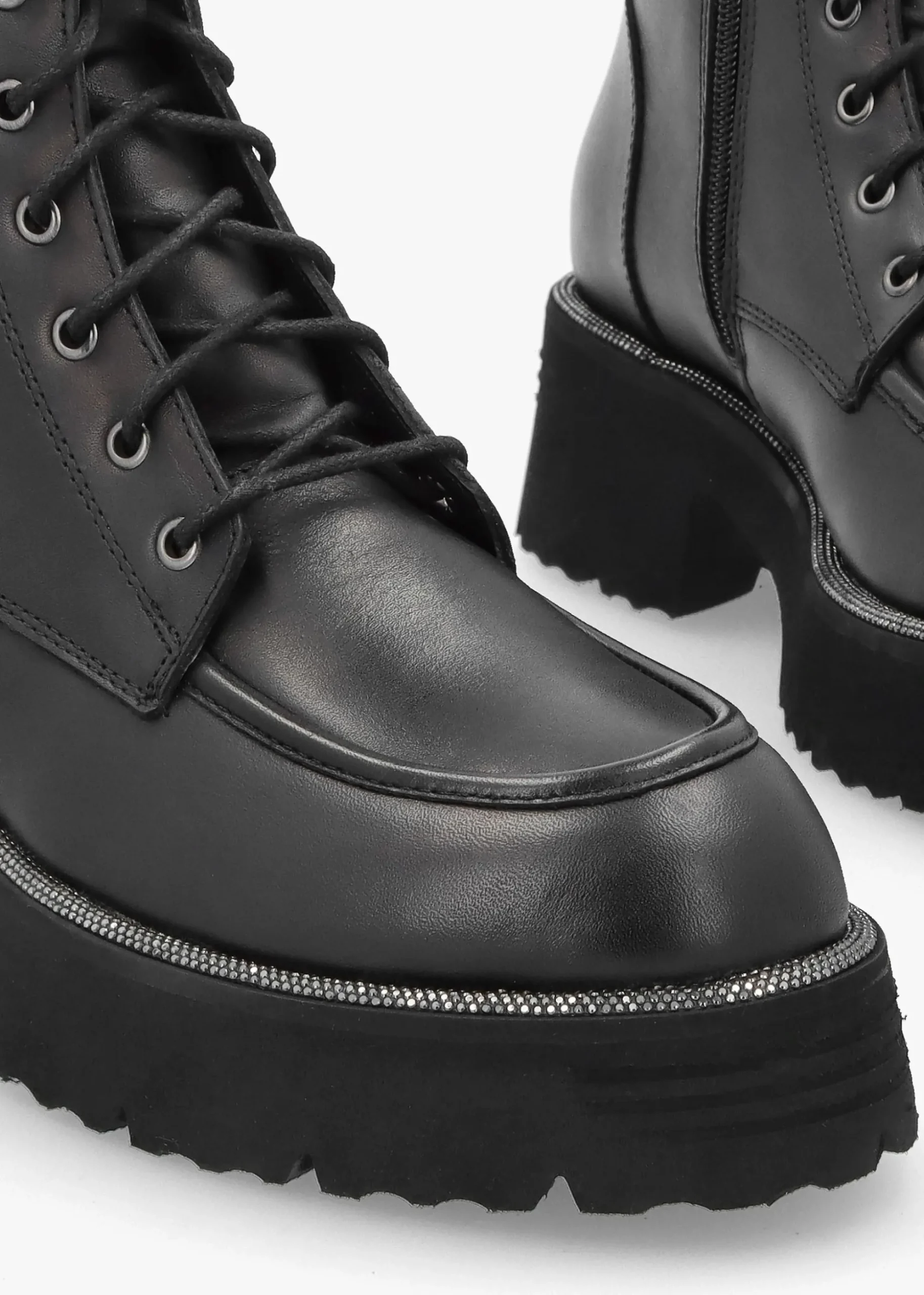 Virtus Black Leather Glitter Trim Ankle Boots