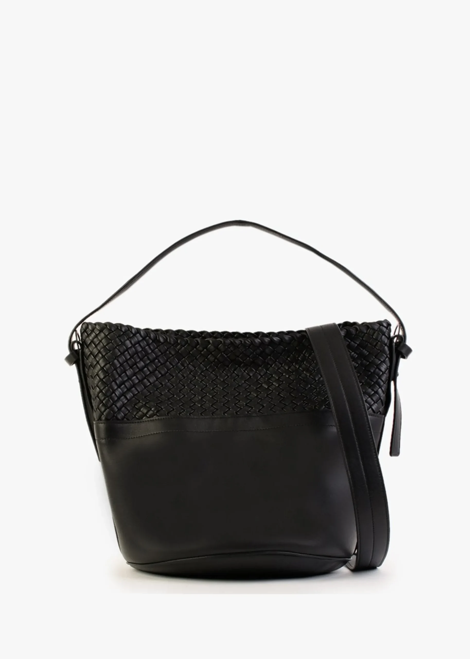 Woven Black Leather Bucket Bag