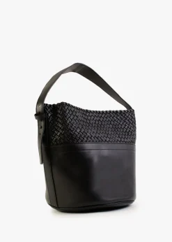 Woven Black Leather Bucket Bag