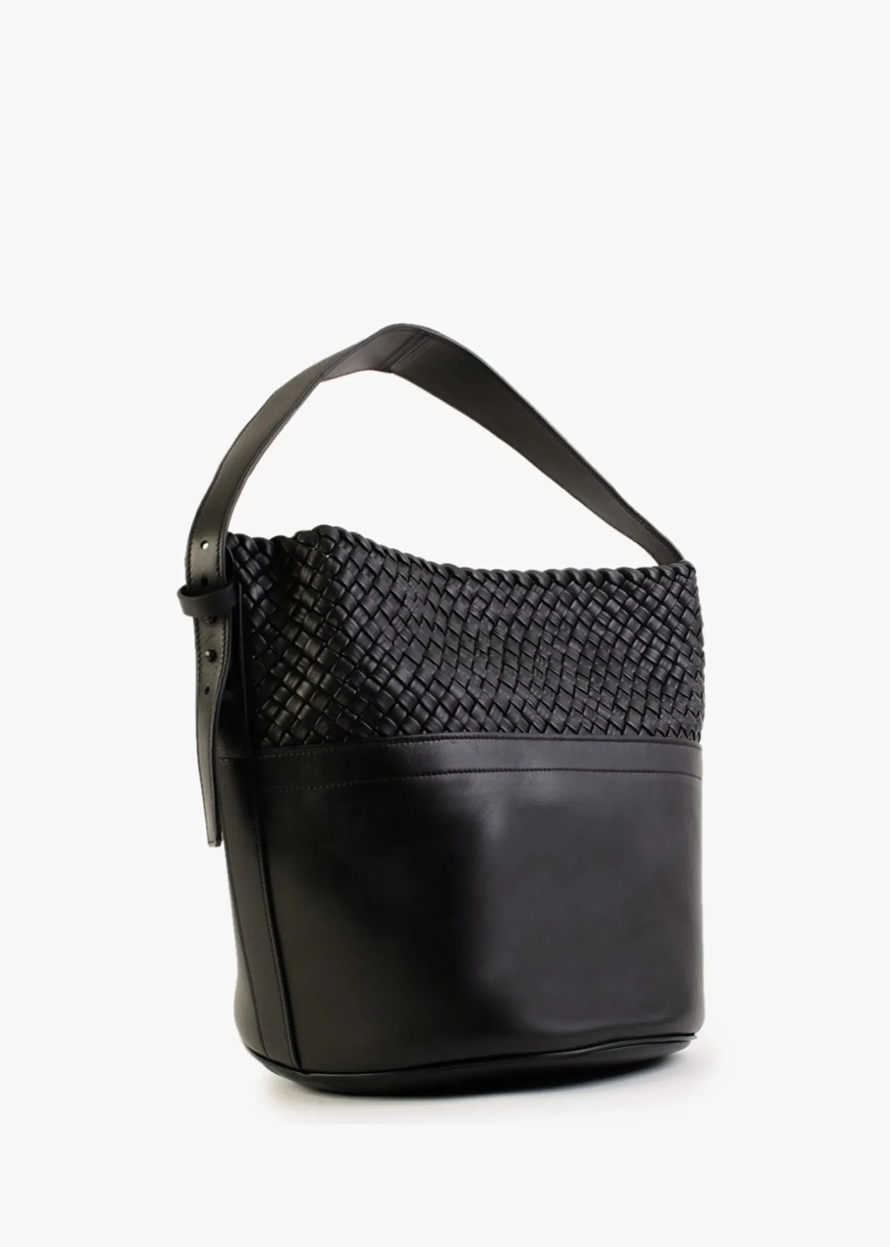 Woven Black Leather Bucket Bag