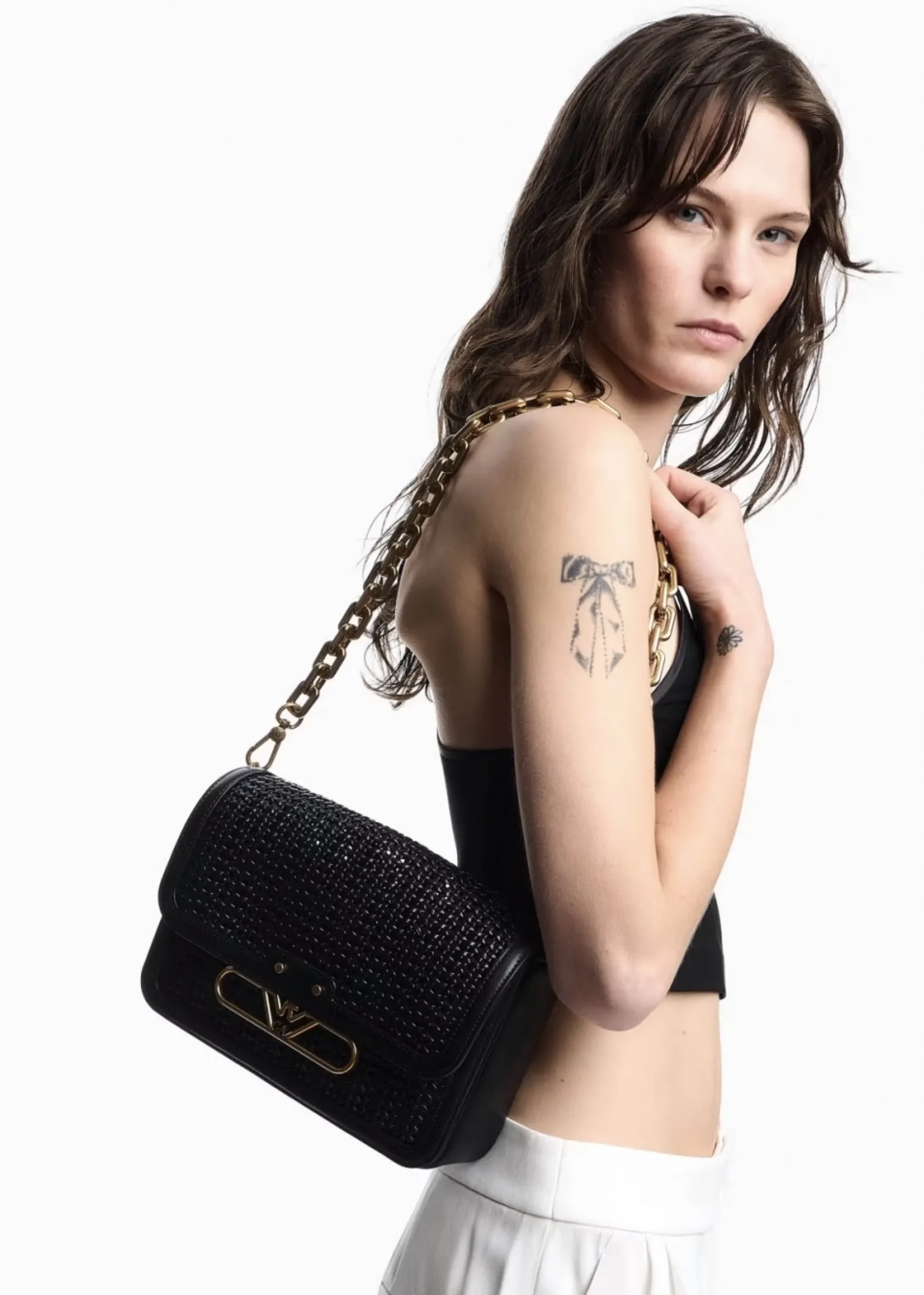 Woven Black Leather Shoulder Bag