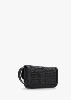 Woven Mini Black Leather Cross-Body Bag