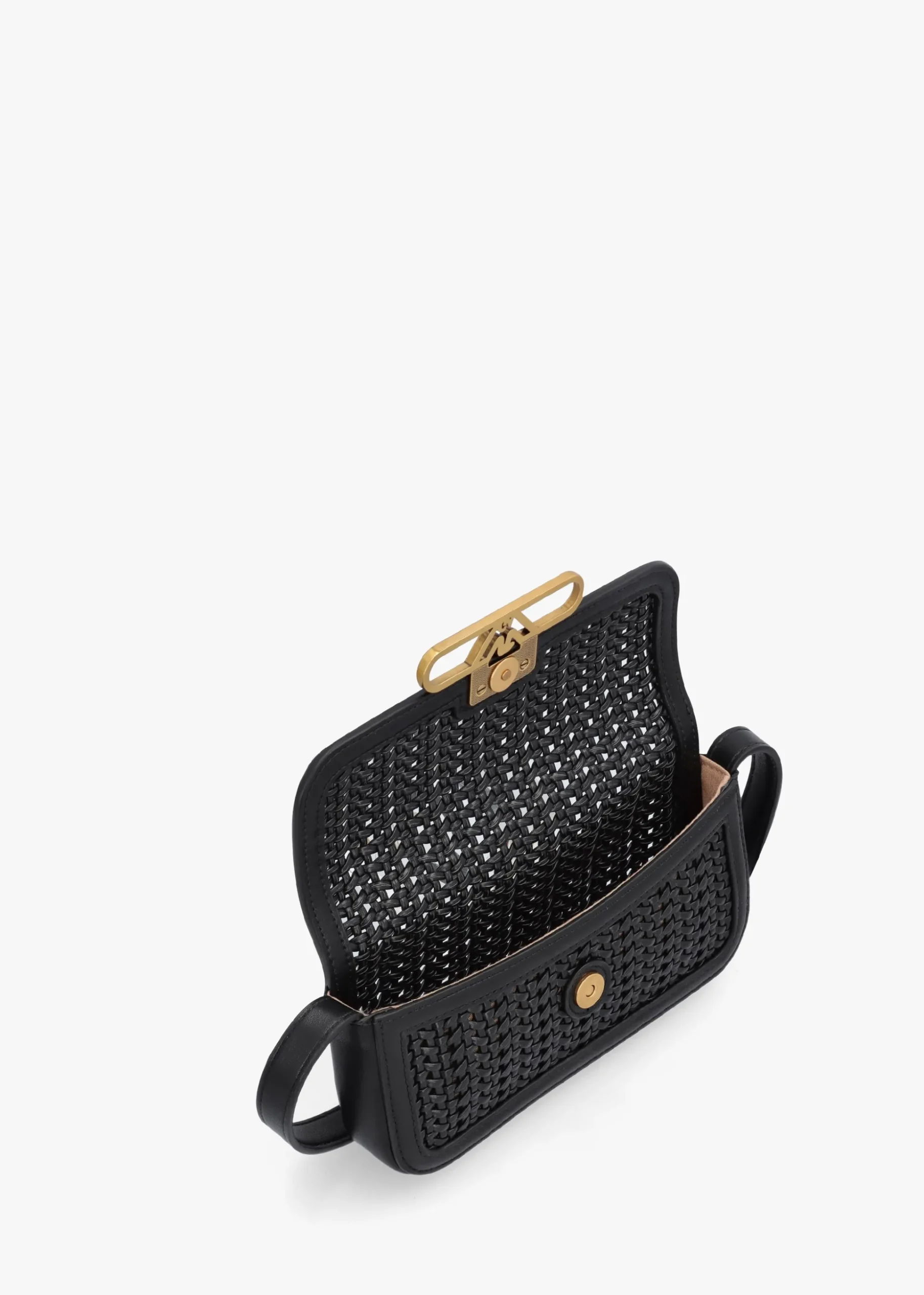 Woven Mini Black Leather Cross-Body Bag