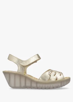 Yazi Gold Leather Wedge Sandals