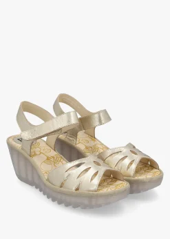 Yazi Gold Leather Wedge Sandals