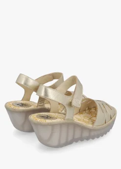 Yazi Gold Leather Wedge Sandals