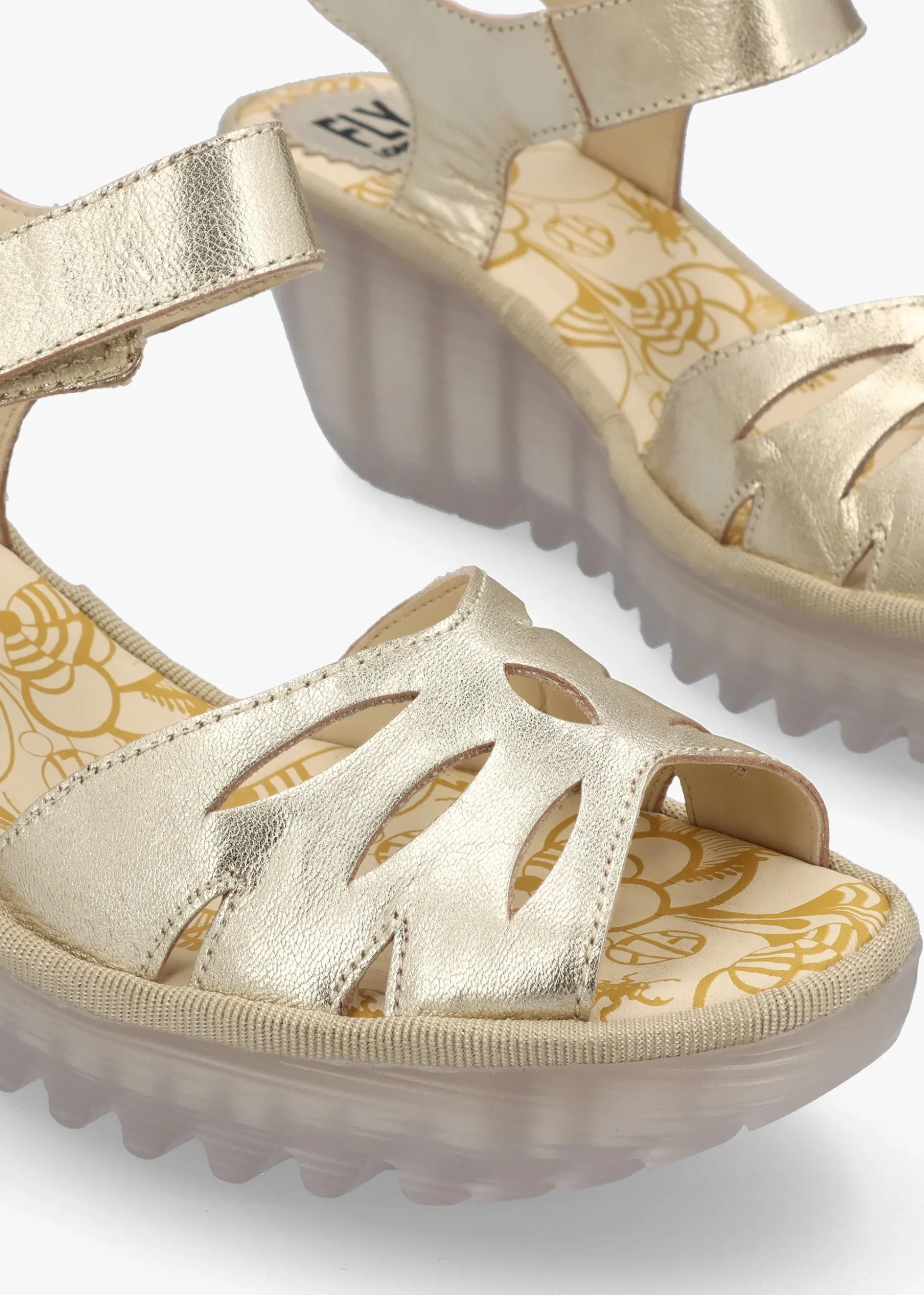 Yazi Gold Leather Wedge Sandals