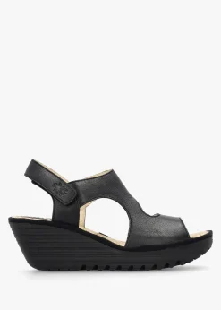 Yoxa Black Leather Wedge Sandals