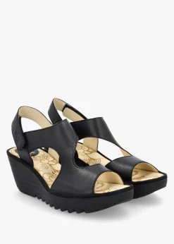 Yoxa Black Leather Wedge Sandals