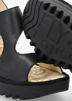 Yoxa Black Leather Wedge Sandals
