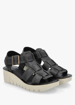 Yudd Black Leather Wedge Sandals