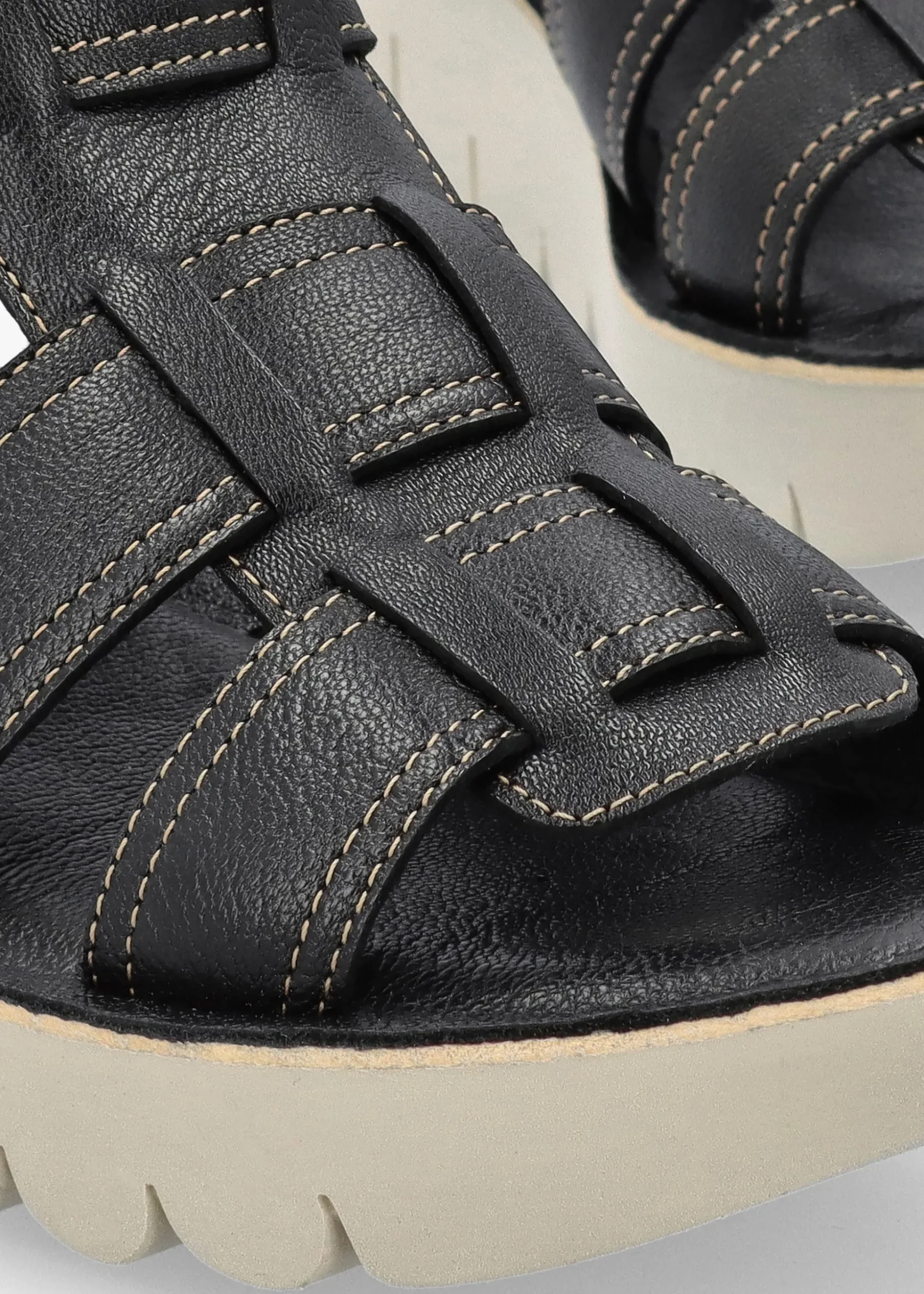Yudd Black Leather Wedge Sandals